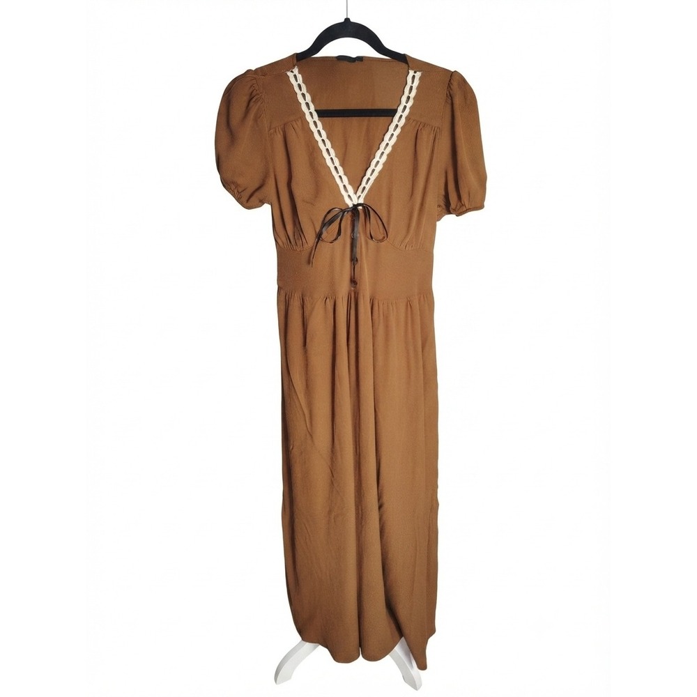 Blu Pepper Brown Crochet Trim V-Neck Maxi Dress Short Puff Sleeve CR2669 L